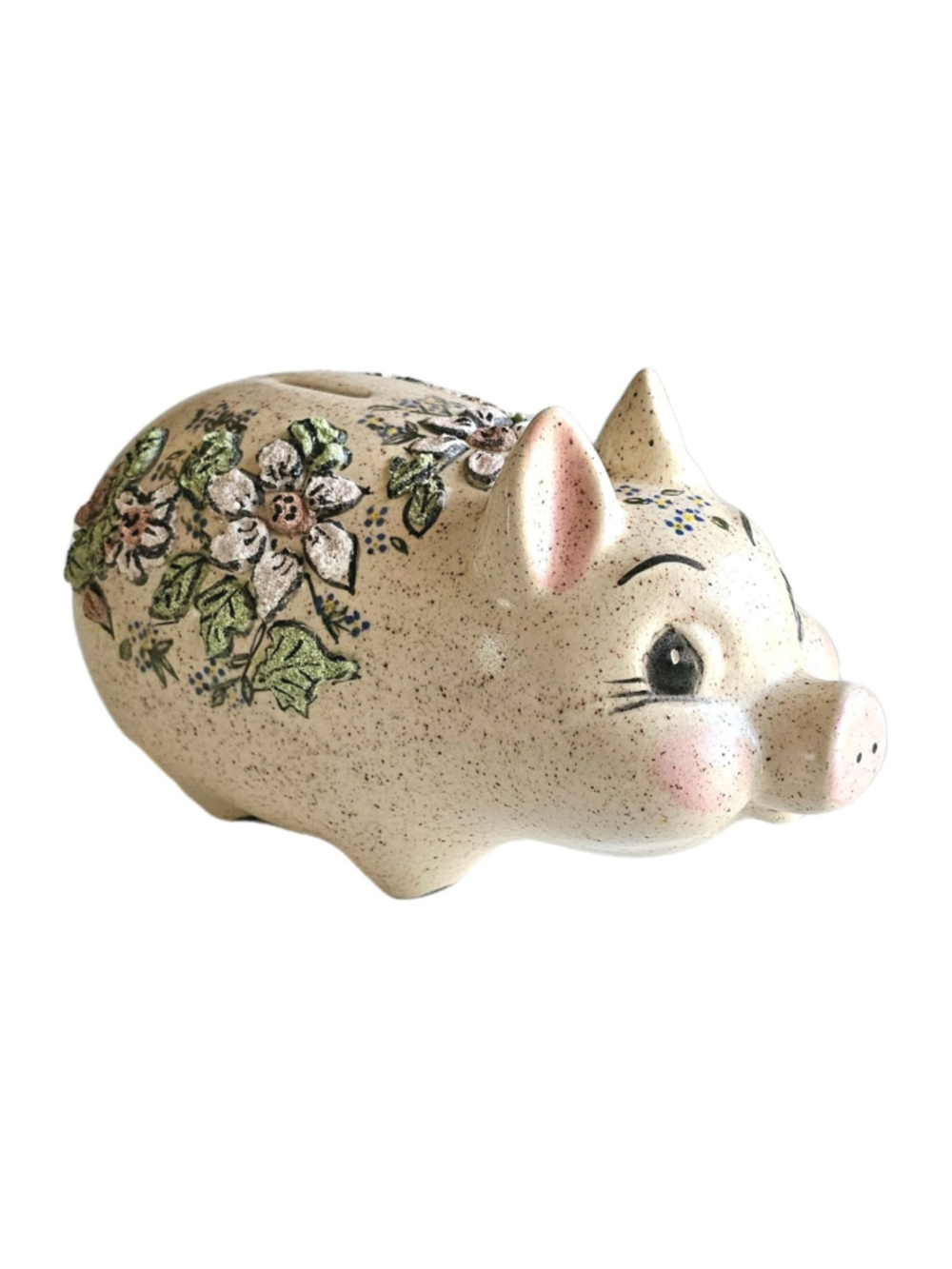 Vintage Hand Painted Floral Ceramic Piggy Bank - Speckled MCM Style - Mint